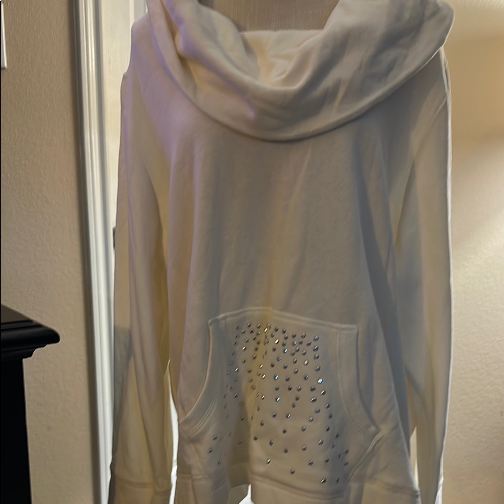 Women's Cream cowl neck sweatshirt with Rhinestone Accents